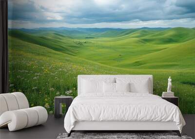 Rolling green hills covered with wildflowers reaching the horizon under cloudy sky Wall mural