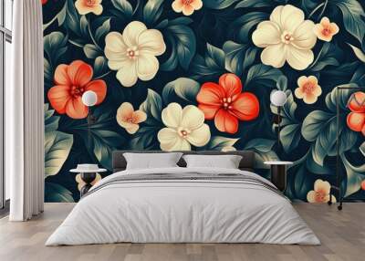 Seamless floral pattern featuring red and white flowers on dark background Wall mural