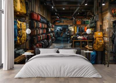 Small outdoor clothing and backpacks shop interior with wooden walls Wall mural