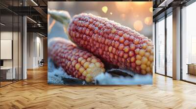 Two ears of flint corn covered with frost resting on frozen ground Wall mural