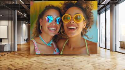 Two happy women wearing sunglasses are smiling at a summer party Wall mural