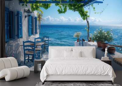 Typical blue and white Greek restaurant, taverna by the sea Wall mural