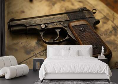 Vintage handgun resting on worn paper background Wall mural