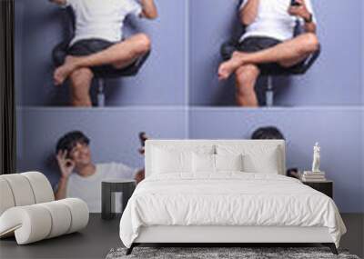 Collage of young Asian man expressing different positive emotions and gesture while sitting Wall mural