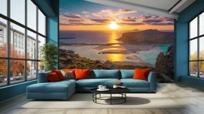 Amazing view of Balos Lagoon with magical turquoise waters, lagoons, tropical beaches of pure white sand and Gramvousa island on Crete, Greece Wall mural