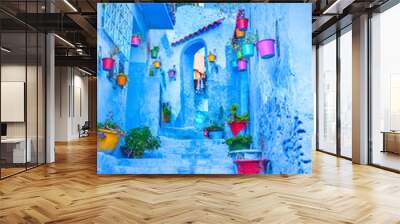 Chefchaouen, a city with blue painted houses and narrow, beautiful, blue streets, Morocco, Africa Wall mural