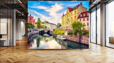 Cityscape view on Ljubljanica river canal in Ljubljana old town. Ljubljana is the capital of Slovenia and famous european tourist destination. Wall mural