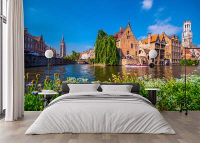 View from the Rozenhoedkaai in Brugge with the Perez de Malvenda house and Belfort van Brugge in the background in day light Wall mural