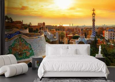 View of the city from Park Guell in Barcelona, Spain Wall mural