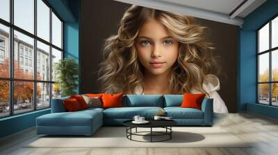 Generative ai studio portrait of cute curly little teen blonde girl on colour background. teenager Wall mural