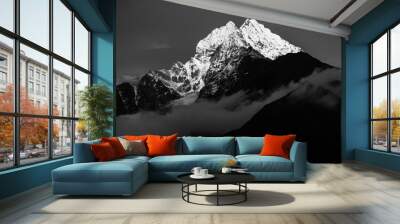 Black and white image of Thamserku mountain peak in Everest Region of Nepal. Black and white mountain peak fine art image. Wall mural