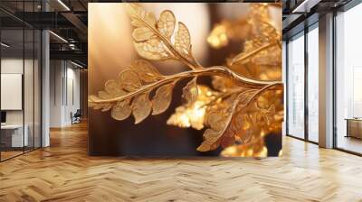 a photo image of a delicate filigree tree branch crafted from intricate layers of gold leaf and foil glistening in warm sunlight Wall mural