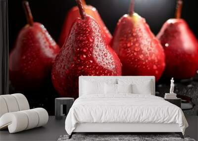 artfully arranged red pears with glistening water drops on a dark moody background exuding luxury and sophistication Wall mural