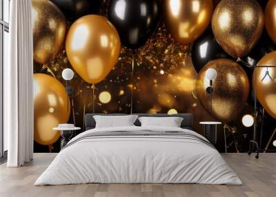 elegance in the night black and gold balloons amidst a sparkling new year s extravaganza Wall mural