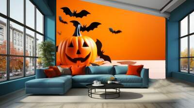 halloween cartoon pumpkin with bats on a table orange and black autumn holiday celebration Wall mural