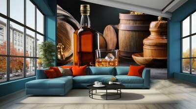 scotch whiskey bottle glass and old barrel Wall mural