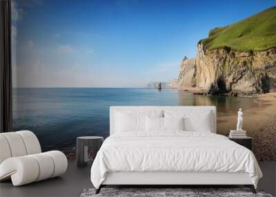 seaside beach calm waters with rock cliff Wall mural