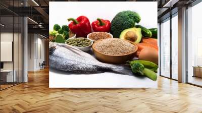 variety of fish vegetables and grains for a balanced diet Wall mural