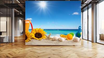 vibrant beach scene with sunflowers seashells and beach toys under a bright blue sky Wall mural