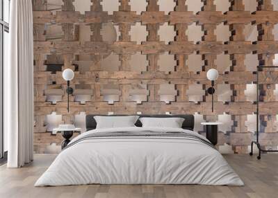 Openwork wooden lattice. Fragment of an ancient wooden gate. Abstract background. Wall mural