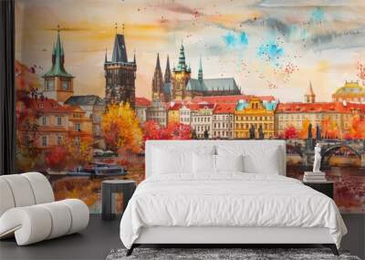 A watercolor cityscape of Prague in autumn Wall mural