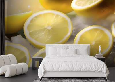 A close-up of sparkling frozen lemon slices, their vibrant yellow contrasting with frosty crystals, capturing the refreshing and icy essence of citrus in a beautifully arranged, mouthwatering pattern Wall mural