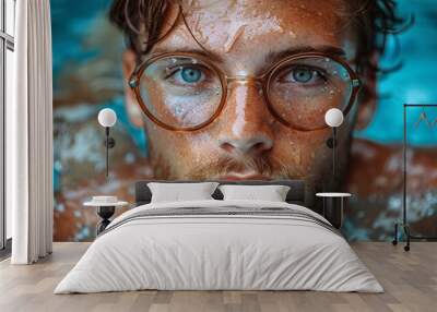 A man with brown hair and glasses is smiling and looking at the camera. Wall mural