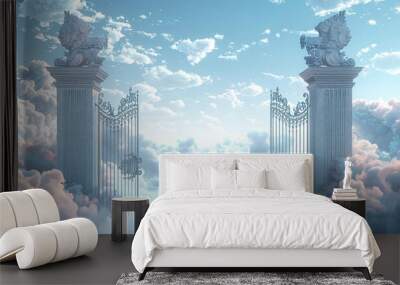 A surreal image of ornate gates with mythical lion statues atop, set amidst a sky filled with fluffy clouds, creating a heavenly or dream-like atmosphere. Wall mural