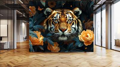 A tiger with gold decorations on its face and body, surrounded by flowers. The tiger appears to be looking at the camera. Wall mural