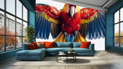 A vibrant scarlet macaw in full flight, wings spread wide showing off a stunning array of colorful feathers. Wall mural