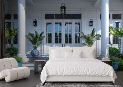 A white house with a porch and two potted plants, one on each side of the doorway.  Wall mural