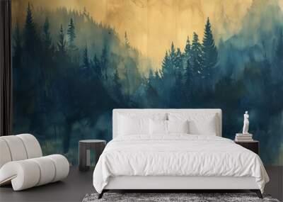 Abstract Landscape, Water Reflection, Mountain Trees, Muted Colors, Impressionist Style, Forest Painting Wall mural