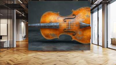 An old violin with a brown color and a white label on the back. Wall mural