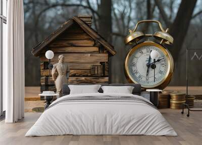 Miniature wooden house, vintage alarm clock, and stacks of coins on a table, symbolizing real estate investment and time value of money. Wall mural