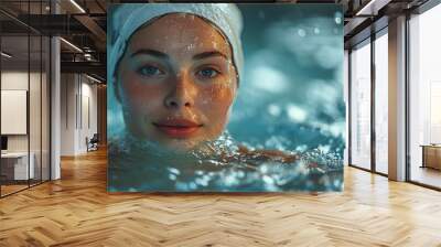 Portrait of a woman with wet skin and a red swim cap emerging from water, gazing at the camera. Wall mural