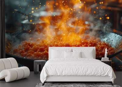 Sizzling tomato sauce in a pan with steam and splattering oil, capturing the action of cooking. Wall mural