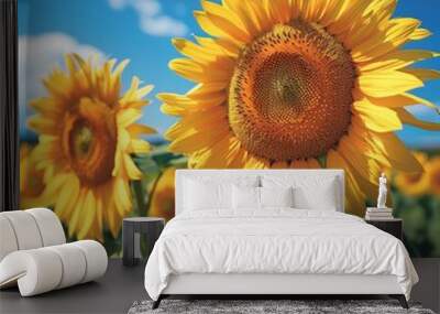 Sunflowers in a field, bright yellow blooms. Wall mural