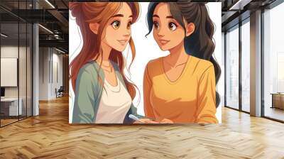 two girls are sitting at a table, writing in a book together. Wall mural