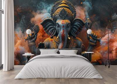 Vibrant artwork of Lord Ganesha with multiple arms, surrounded by colorful smoke and flames, symbolizing spiritual energy and power. Wall mural