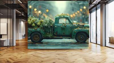 Vintage pickup truck filled with flowers on a rainy city street with bokeh lights. Wall mural