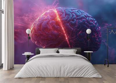 A glowing human brain split in two, representing a concept of thought, intelligence, or knowledge. Wall mural