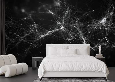 Abstract digital network with white lines and glowing dots on black background. Wall mural