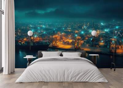 Aerial view of a busy harbor at night with container ships, cranes, and a glowing network of lights. Wall mural