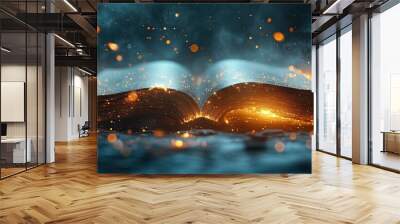 Open ancient book with magic sparks and smoke. Wall mural