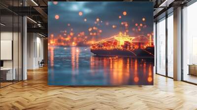 Two cargo ships sail on a calm, dark water with lights in the background. Wall mural