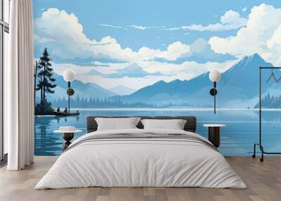 Anime style illustration of a beautiful lakefront Wall mural