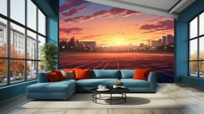 Anime style illustration of a high school running track at golden hour Wall mural