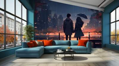 Anime style illustration of a young couple holding hands in the rain, cityscape background Wall mural