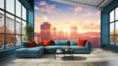 Beautiful anime-style illustration of a city skyline at golden hour Wall mural