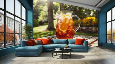 Glass pitcher of homemade lemon iced tea on an outdoor wooden table Wall mural